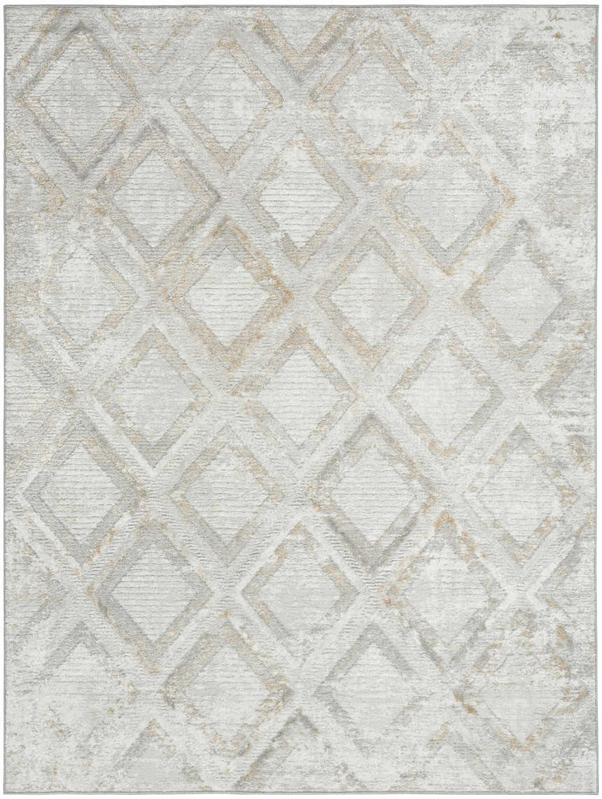 Close-up of the Nourison Dekor Grey Area Rug featuring a diamond pattern, high pile texture, and mid-century modern style.