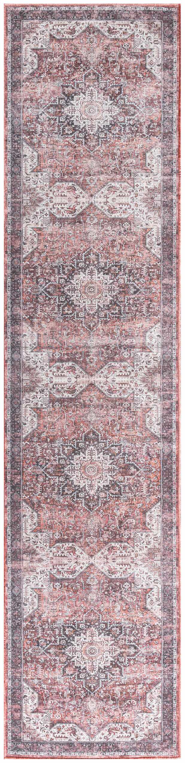 Detailed Nourison Red Vintage Indoor Washable Area Rug runner with a distressed traditional pattern.
