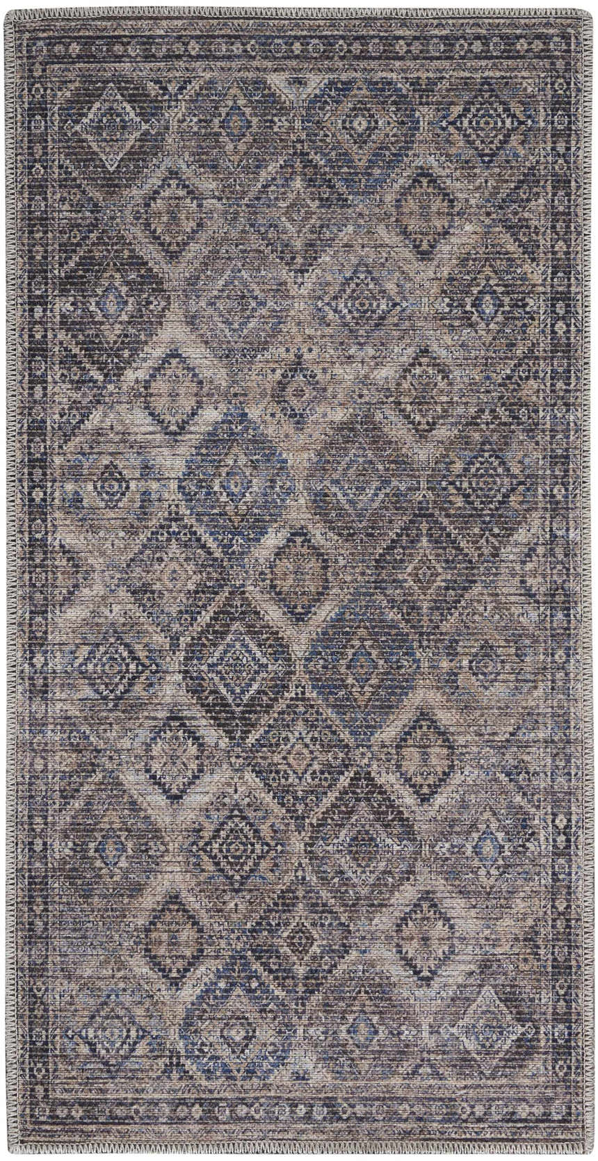 Close-up of Nourison New Concept Ivory Latte Vintage Area Rug. Chestnut, blue, and beige diamond pattern. Washable rug.