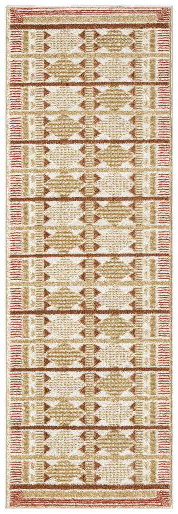 Close-up of Nourison Nordic Rust rug, a modern runner with a geometric pattern in rust, beige, and cream tones.