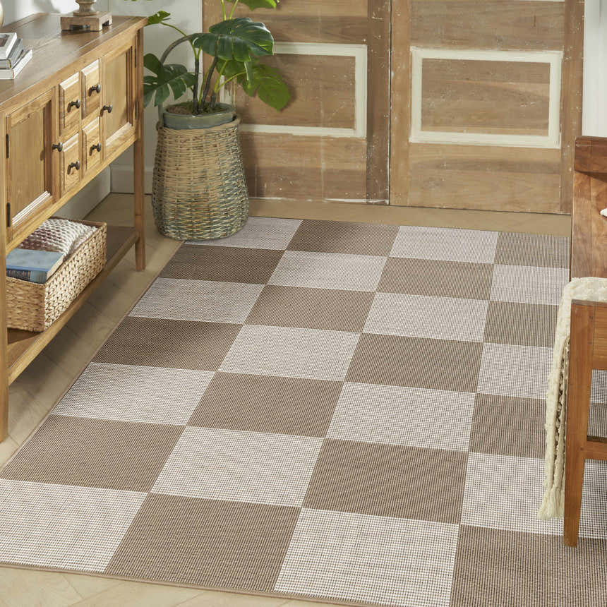 Entryway with a Nourison Modern Jute rug in natural ivory and chestnut. Checkerboard pattern, mid-century modern style.