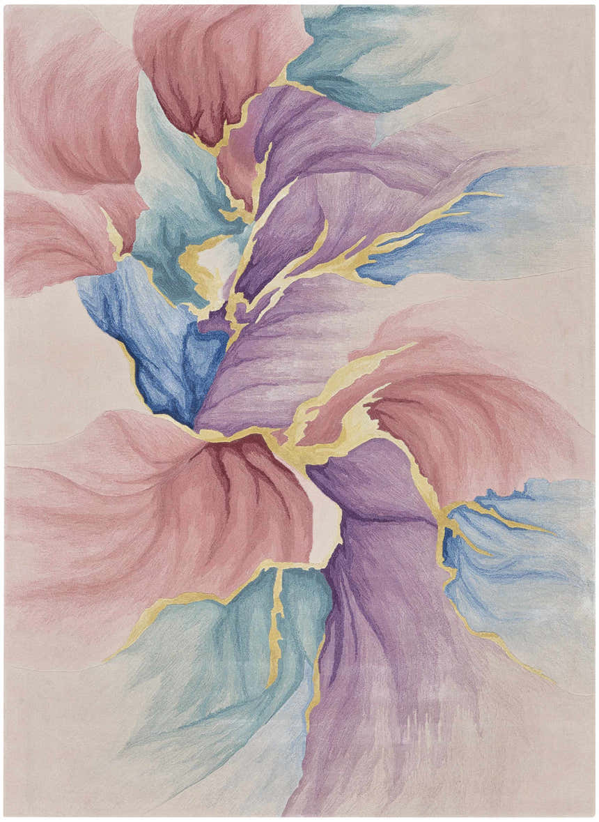 Close-up of the Nourison Prismatic Ivory Rug. Abstract floral design in chestnut, pink, blue, and purple with gold accents.
