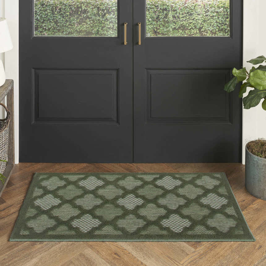 Entryway with a Nourison Easy Care Green Modern Area Rug, dark door, and wood floors.