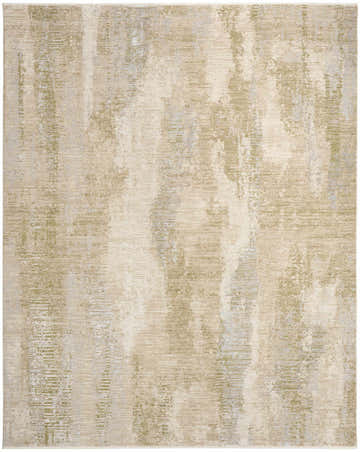 Close-up of Calvin Klein CK089 Drift Beige Sage rug with abstract, distressed texture and modern design.