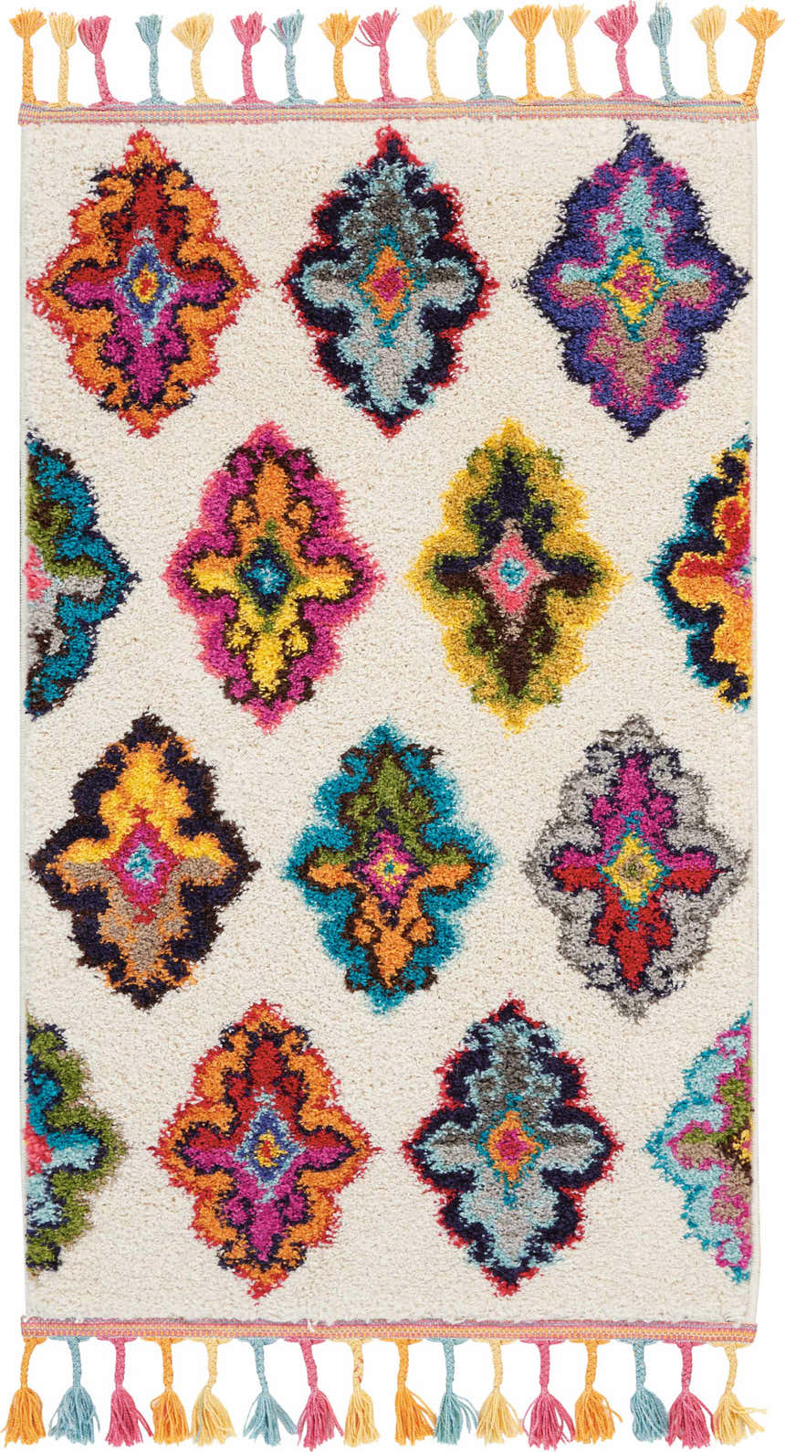 Ivory shag rug with multicolor floral medallions and tassel fringe. Nourison Nomad Area Rug.