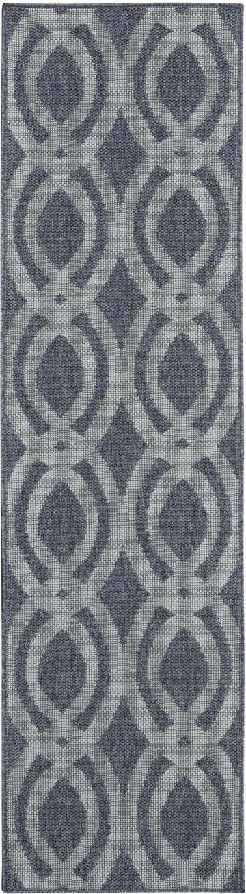 Close-up of Nourison Aruba Slate/Light Blue rug featuring a geometric pattern of diamonds and circles.