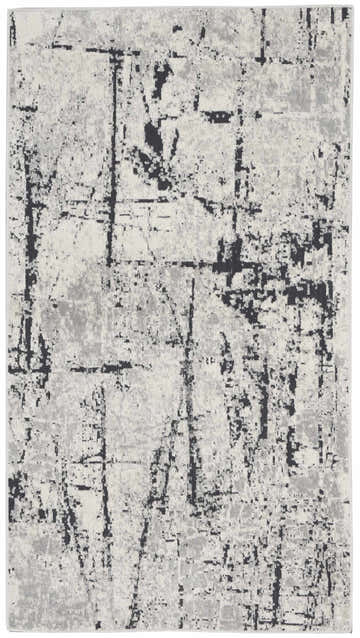 Close-up of Calvin Klein CK970 Vapor rug; ivory, grey, and chestnut abstract design. Mid-century modern style.