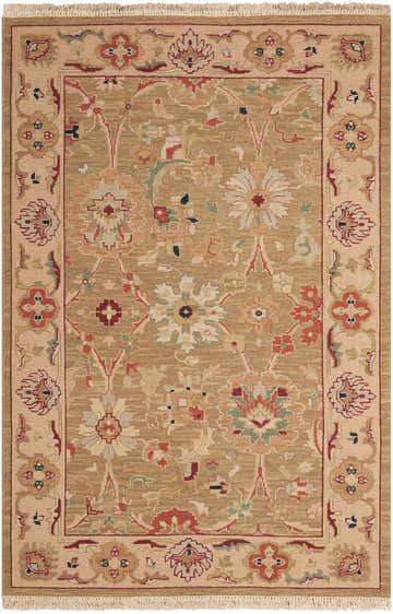 Handmade Nourison Nourmak Olive Vintage Area Rug. Wool rug with floral pattern, olive, red, and beige colors.