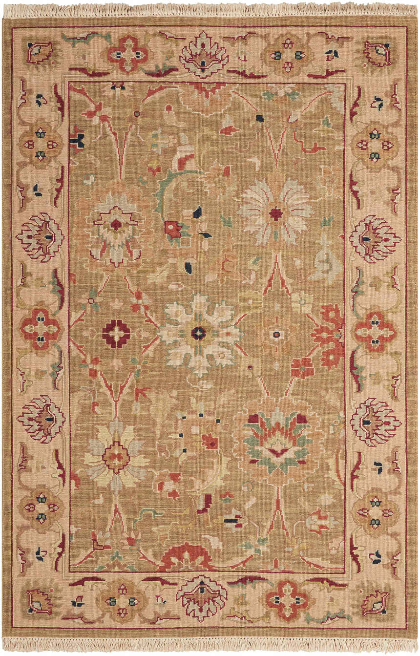 Handmade Nourison Nourmak Olive Vintage Area Rug. Wool rug with floral pattern, olive, red, and beige colors.