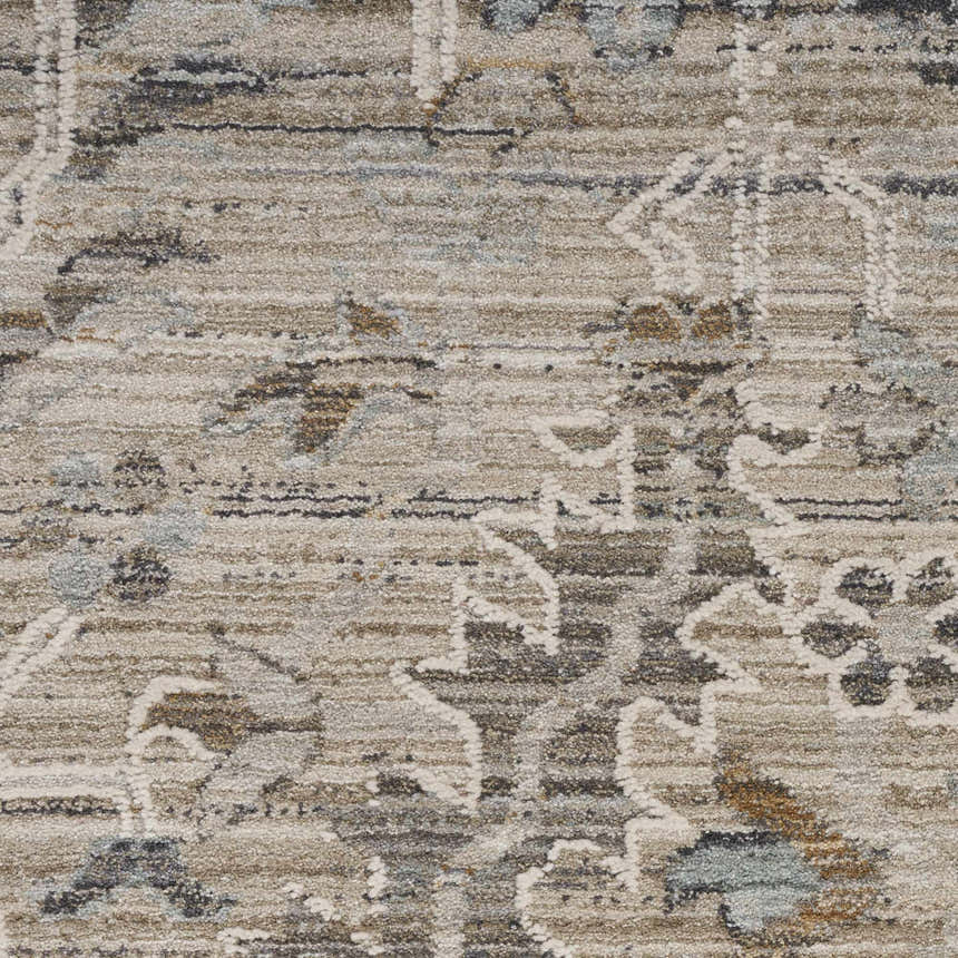 Close-up of Nourison Lynx Ivory Taupe Vintage Area Rug showing texture and pattern details in ivory, taupe, brown, and gray.
