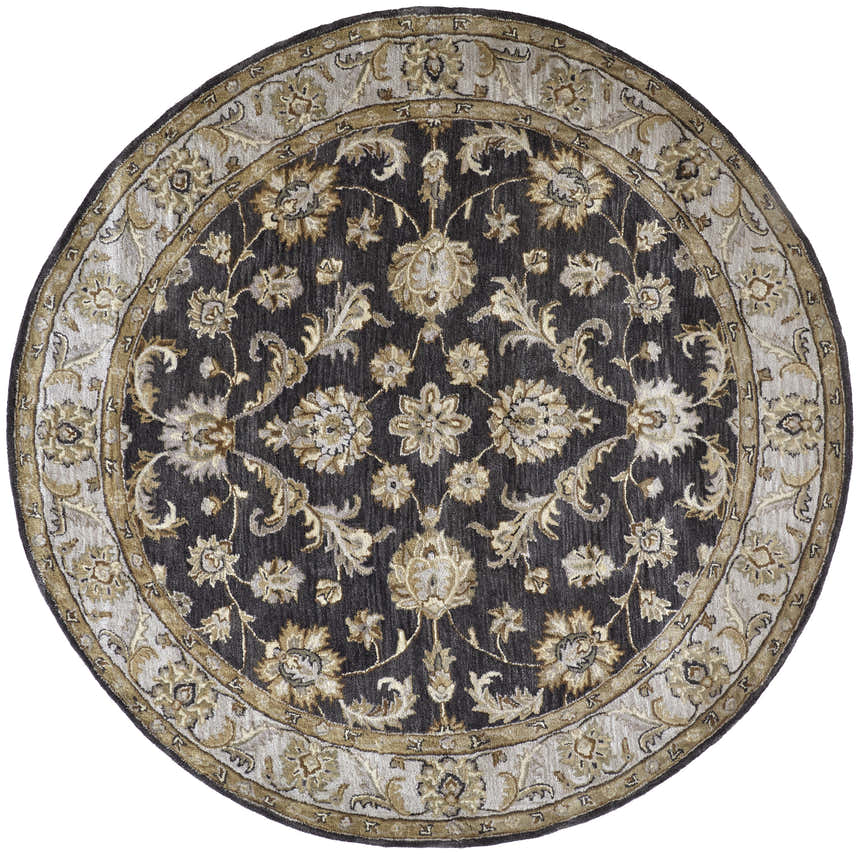 Close-up of a round Feizy Eaton rug. Traditional Persian floral design in blue, gray, and taupe wool. Design-Round
