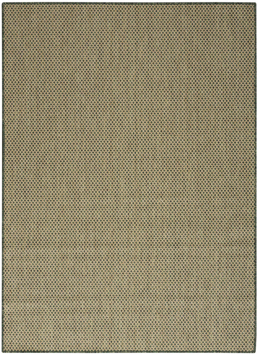 Close-up of the Nourison Courtyard Green Modern Area Rug. Woven diamond pattern in shades of green and beige.