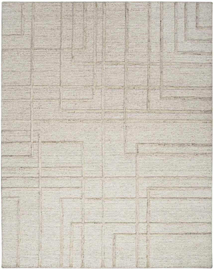 Close-up of the Calvin Klein CK045 Impressions Silver rug. Handmade wool rug with a geometric pattern in silver gray.