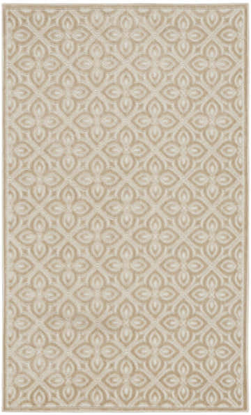 Close-up of Nourison Charm Beige Ivory rug featuring a contemporary floral trellis pattern. Washable.