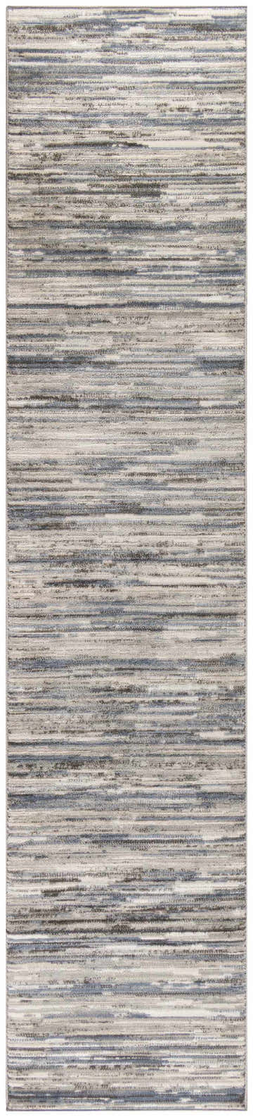 Close-up of Nourison Serenity Home rug; ivory, grey, and blue stripes create a modern, high-pile texture.