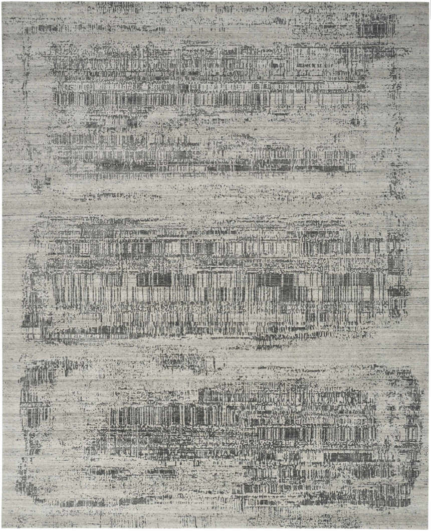 Close-up of the Nourison Harmony Ivory Charcoal rug featuring a modern, abstract pattern.