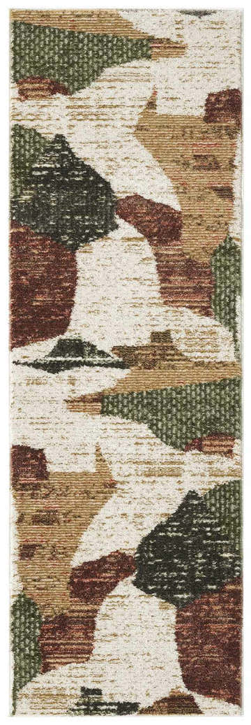 Close-up of the Nourison Nordic Beige Multi rug, featuring a modern abstract pattern in beige, brown, and green hues.