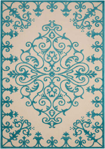 Close-up of the Nourison Aloha Aqua Outdoor Area Rug showing its aqua floral scroll pattern on a beige background.