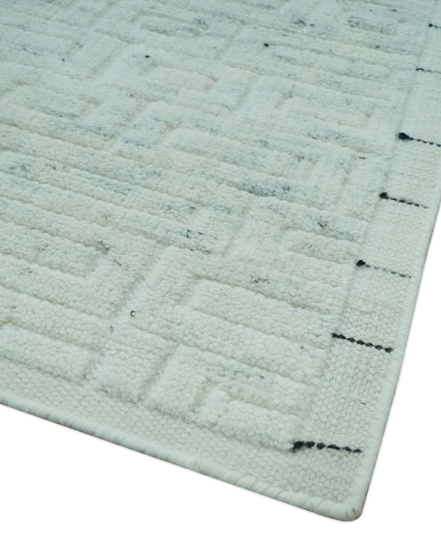 Carved Texture Modern Geometrical Design Custom Made Ivory and Light Blue Wool Area Rug