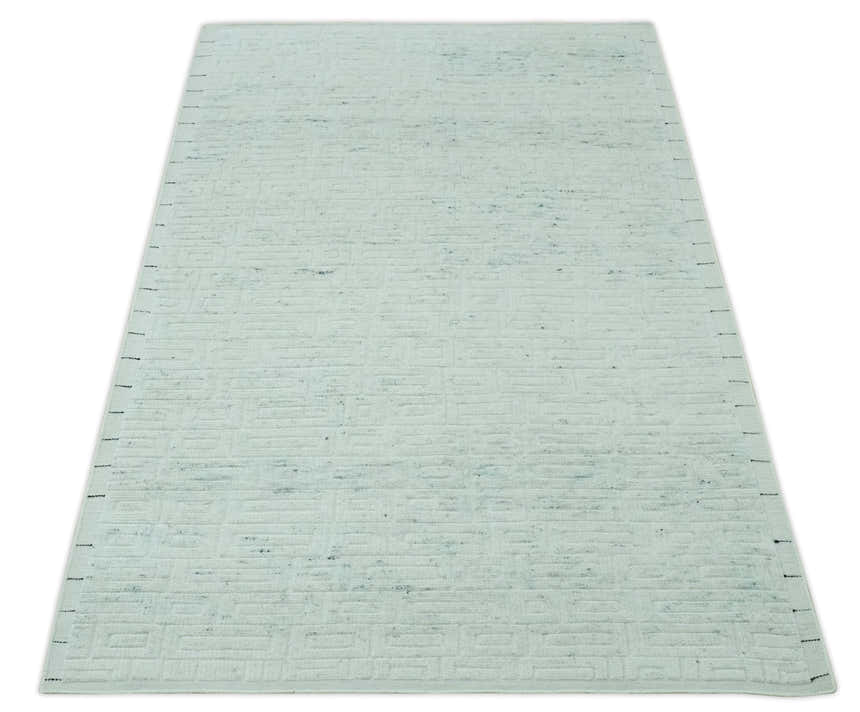 Carved Texture Modern Geometrical Design Custom Made Ivory and Light Blue Wool Area Rug