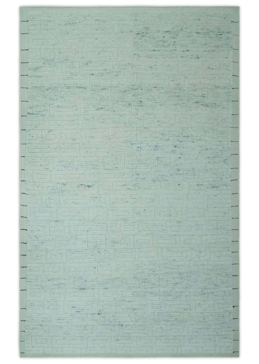 Carved Texture Modern Geometrical Design Custom Made Ivory and Light Blue Wool Area Rug