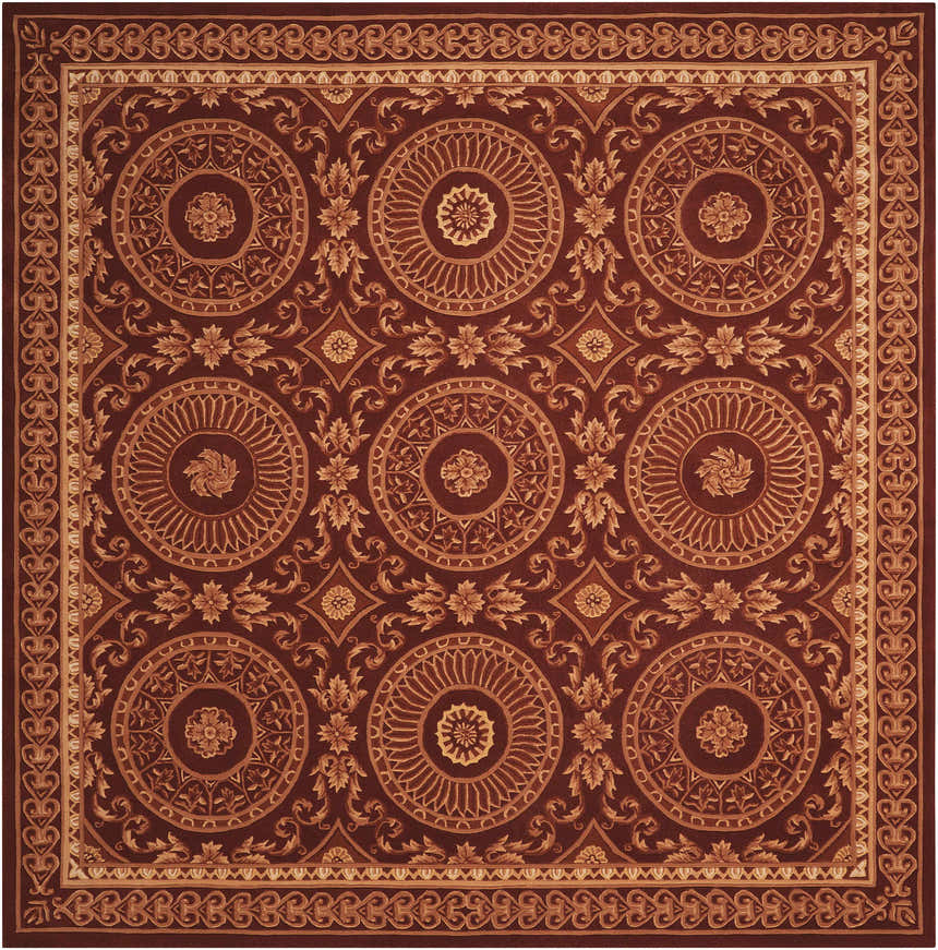 Detailed brick red Nourison Versailles Palace area rug with circular floral and leaf pattern. Handmade wool rug.