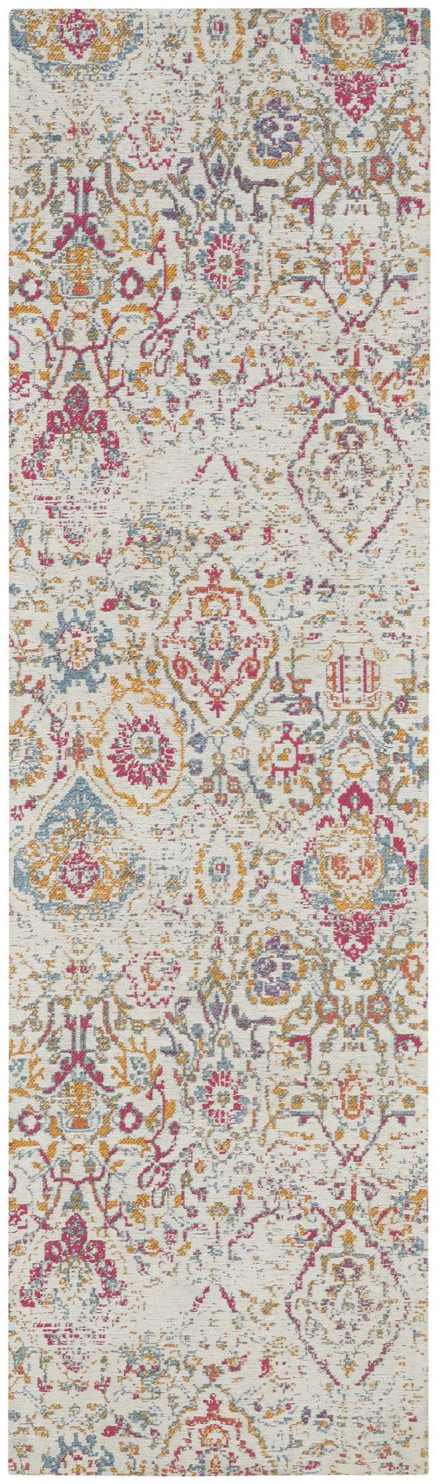 Close-up of Nourison Damask Multicolor Bohemian Indoor Area Rug. Distressed damask pattern in pink, blue, and gold on a cream background.