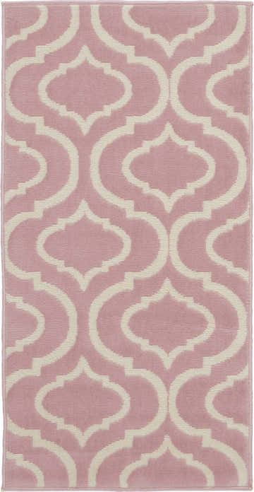 Close-up of the Nourison Jubilant Pink rug with a modern, geometric trellis pattern in cream against a textured pink backdrop.