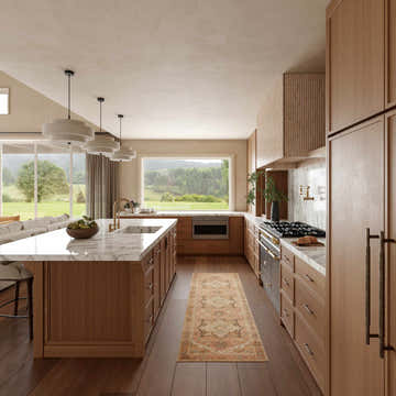 Coral Multicolor Nourison Vintage rug runner in a modern kitchen with wood cabinets and marble countertops.