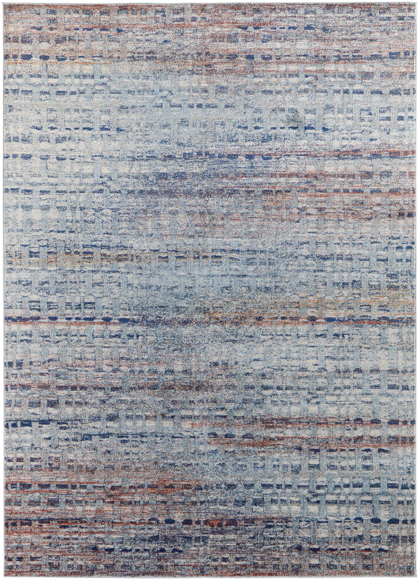 Feizy Edgemont rug with a modern abstract design in blue, ivory, and orange hues. Casual style with a subtle grid pattern. Design-Rectangle
