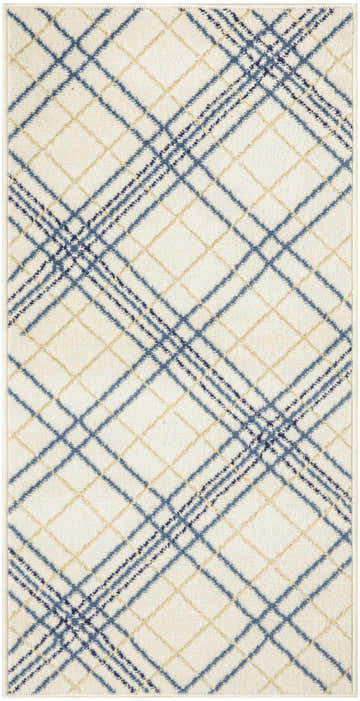 Close-up of Nourison Jubilant Ivory Navy rug featuring a farmhouse style plaid pattern in blue, gold, and ivory.