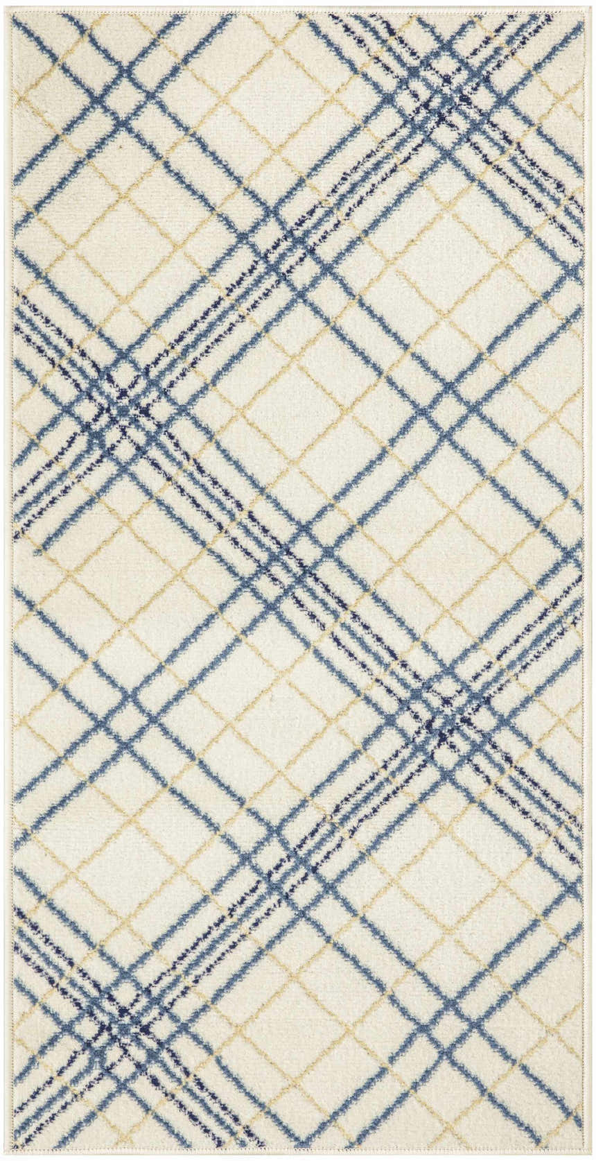 Close-up of Nourison Jubilant Ivory Navy rug featuring a farmhouse style plaid pattern in blue, gold, and ivory.