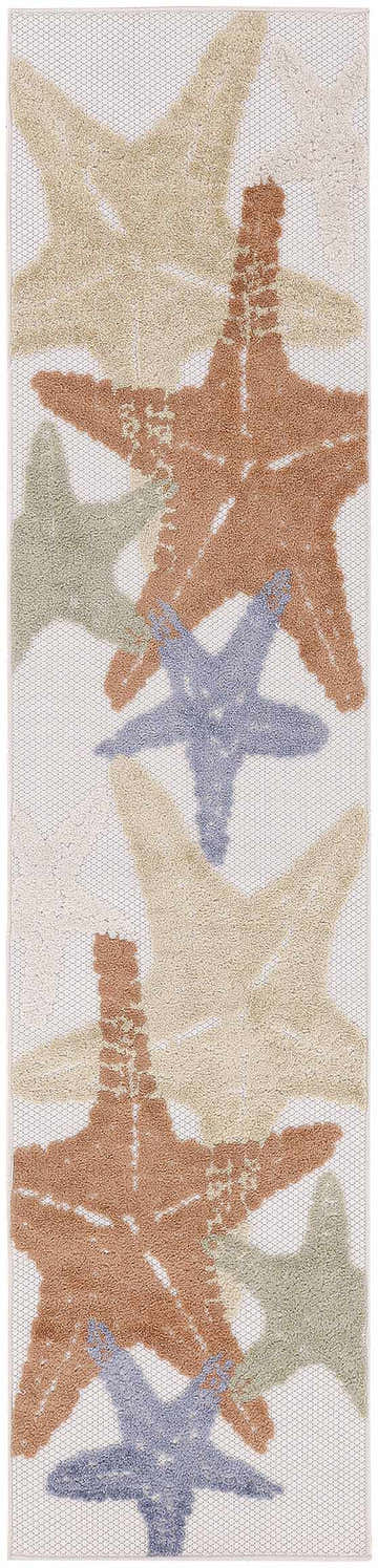 Close-up of Nourison Aloha Ivory Multicolor rug featuring starfish in chestnut, beige, green, and blue.