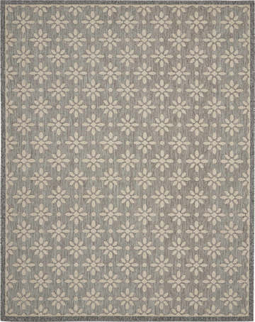Close-up of the Nourison Cozumel Grey Farmhouse Area Rug, featuring a floral pattern in gray and cream.