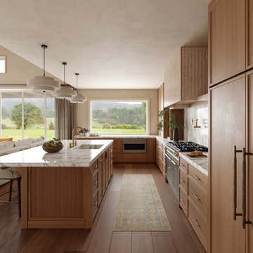 Bright kitchen with wood cabinets and Nourison Vintage Navy Multicolor runner rug.