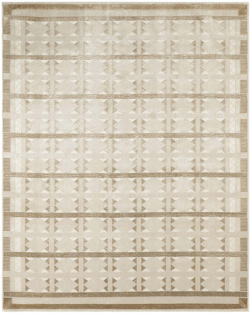 Close-up of the Nourison Nordic Taupe rug. Features a geometric pattern with ivory and taupe hues. Mid-century modern style.