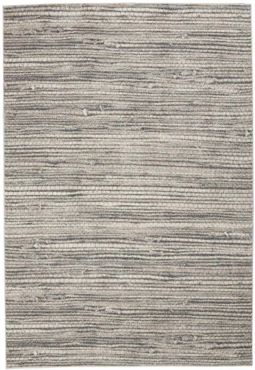 Close-up of Calvin Klein Etched Ivory Grey rug. Contemporary design with horizontal chestnut stripes and subtle texture.