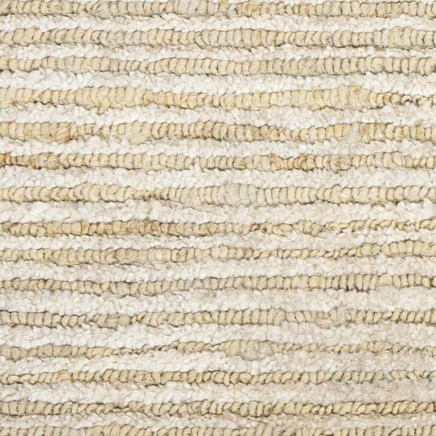 Close-up of the Calvin Klein Mesa Gypsum Rug. Neutral tones, textured stripes, handmade construction.