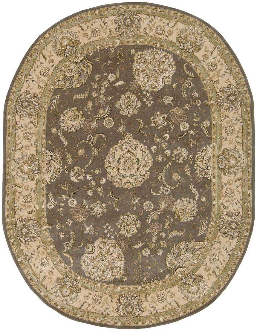 Close-up of the oval Nourison 2000 Grey Persian rug. Features a floral design in gray, cream, and sage. Handmade wool rug.