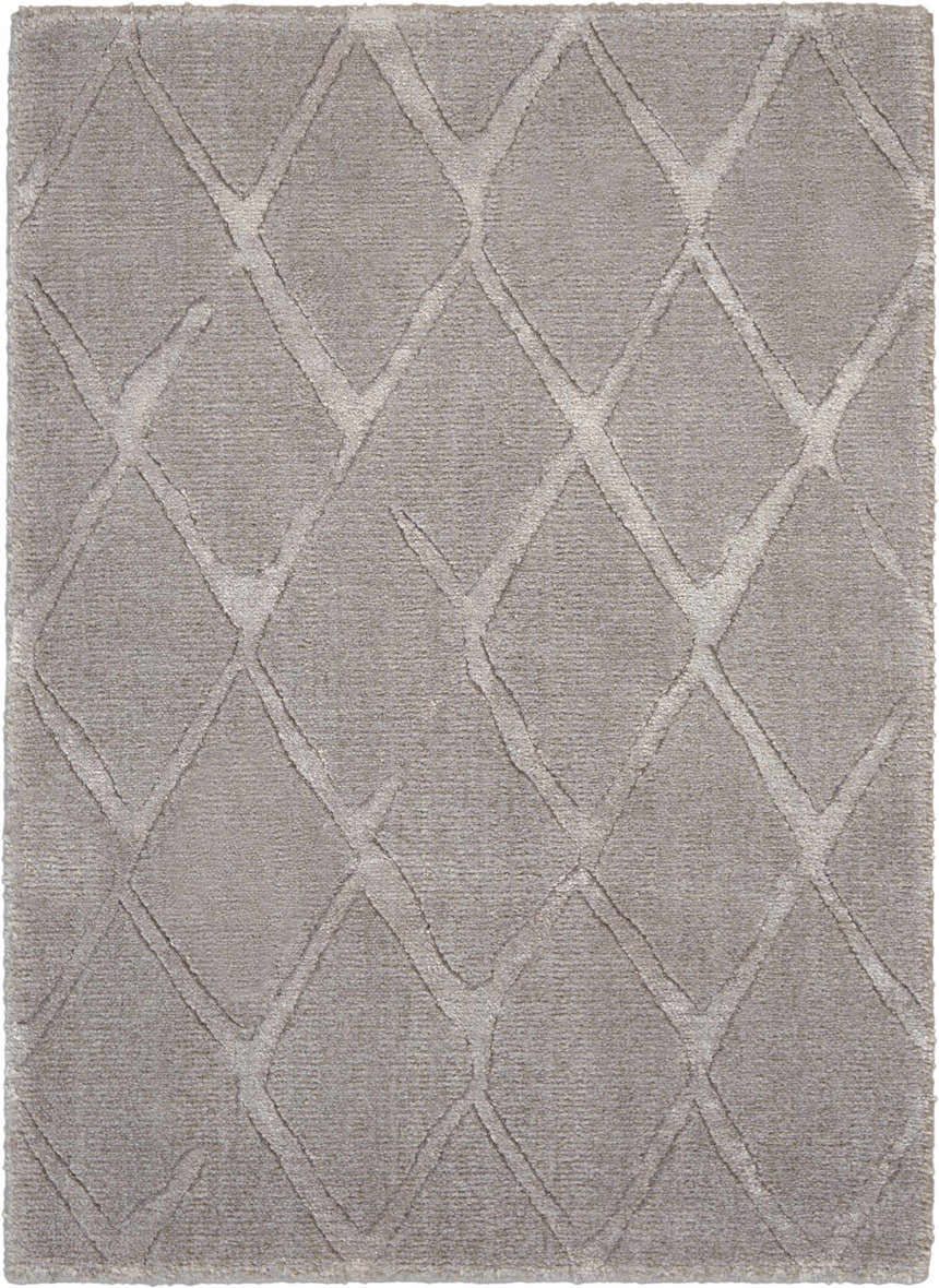 Close-up of the grey Nourison Twilight rug featuring a diamond lattice pattern and soft, textured wool and luxcelle fibers.