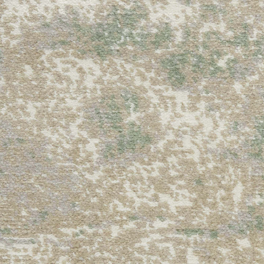 Close-up of Nourison Twilight Ivory Green rug. Abstract chestnut, ivory, and green pattern. Soft, textured wool blend.