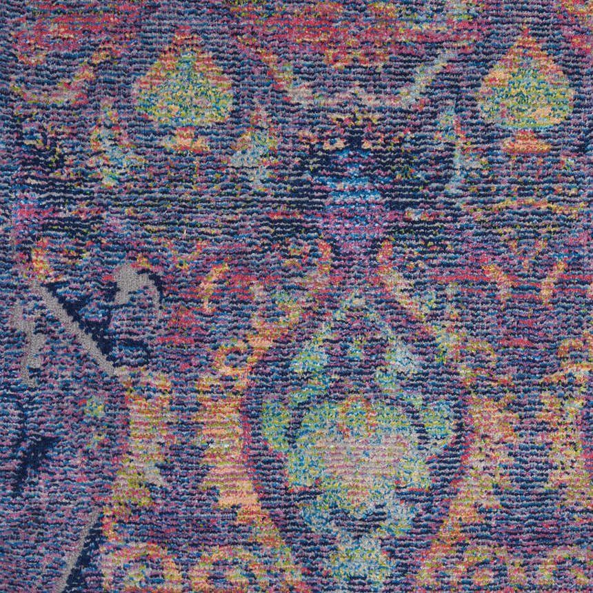 Close-up of the Nourison Ankara Global Navy Multicolor rug, featuring a bohemian pattern and textured weave.