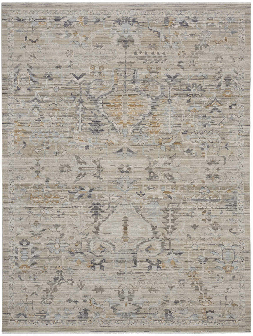 Close-up of the Nourison Lynx Ivory Taupe Vintage Indoor Area Rug, featuring a distressed floral pattern in ivory, taupe, and blue.
