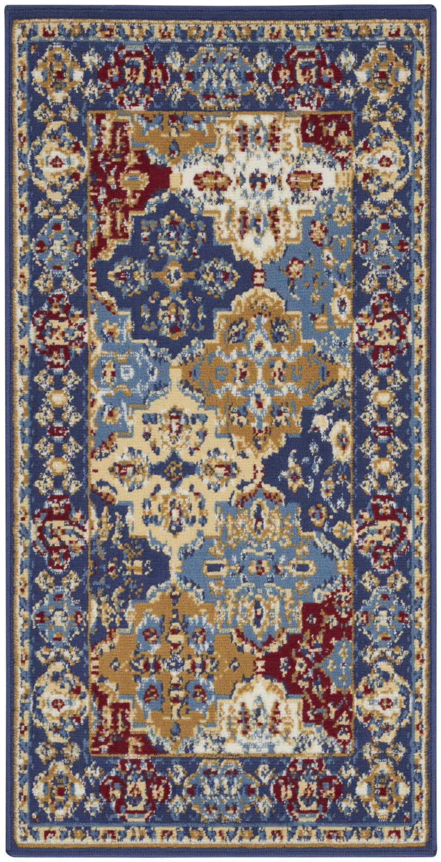 Close-up of Nourison Grafix Multicolor Bohemian Indoor Area Rug. Features blue, gold, and red floral pattern.