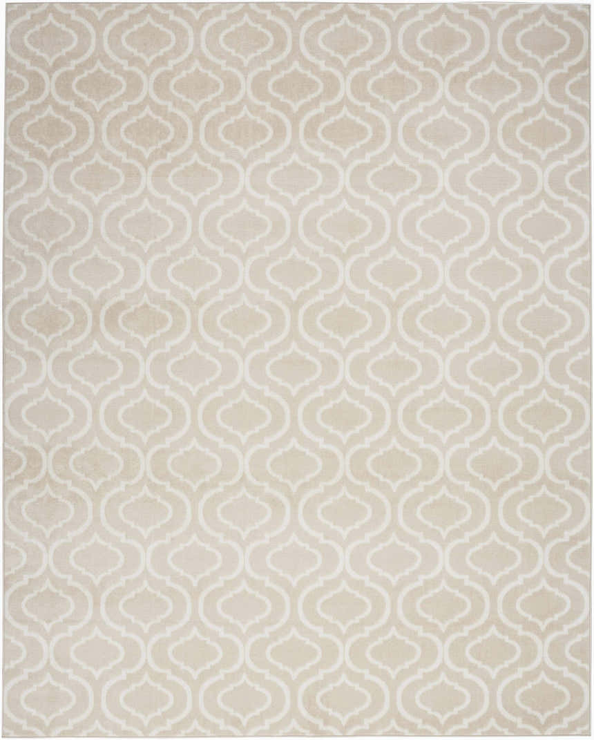 Close-up of Nourison Jubilant Beige rug featuring a contemporary, neutral-toned ogee pattern.