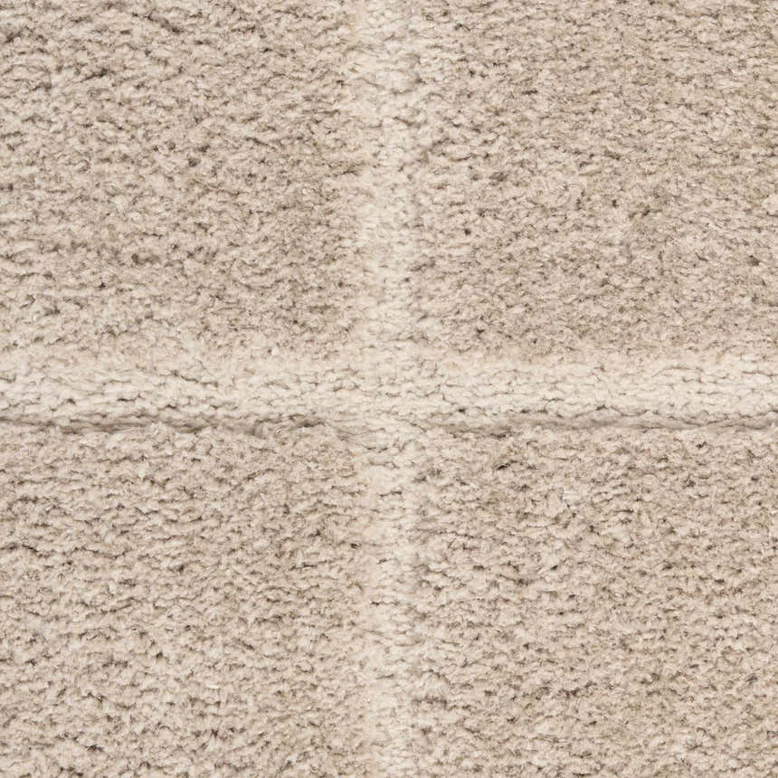 Close-up of the plush, textured pile of the beige DKNY West End Ave shag rug.