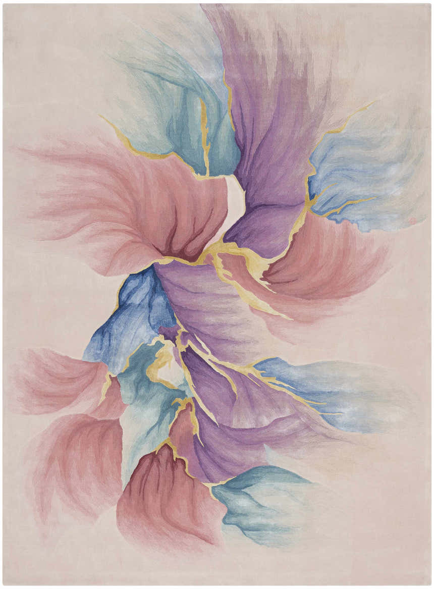 Close-up of the Nourison Prismatic Ivory Rug. Abstract floral design in chestnut, pink, blue, purple, and gold. Handmade wool rug.