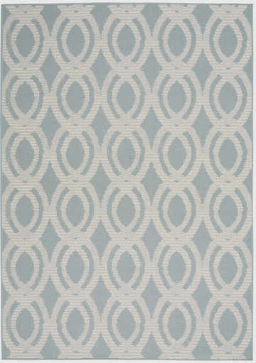 Close-up of Nourison Aruba Light Blue Cream Beach Area Rug with circle and diamond geometric pattern.