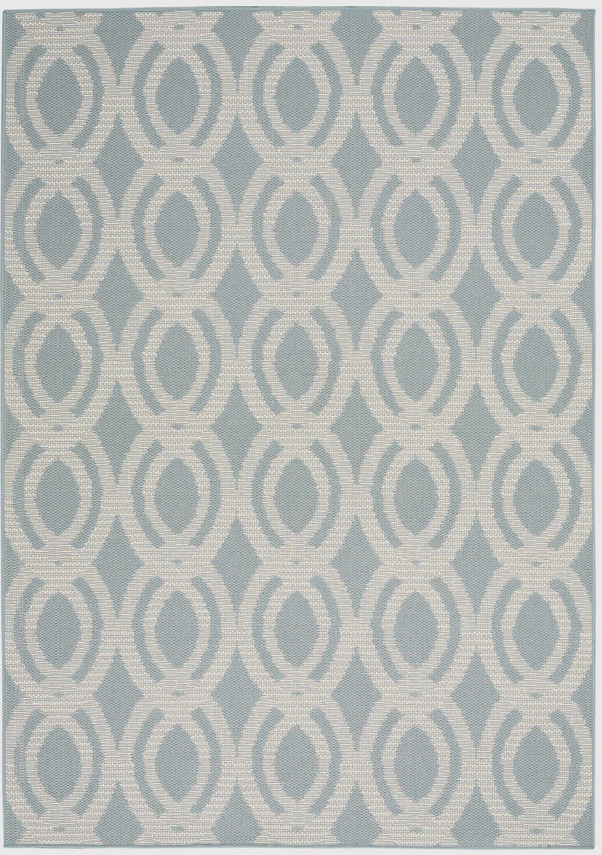 Close-up of Nourison Aruba Light Blue Cream Beach Area Rug with circle and diamond geometric pattern.