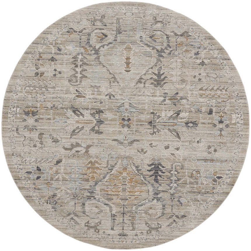Close-up of round Nourison Lynx Ivory Taupe vintage rug. Features a distressed, ornate pattern in ivory, taupe, and blue hues.